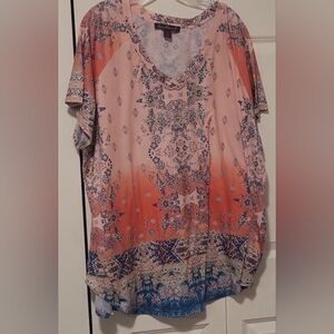 Gloria Vanderbilt multicolor short sleeve blouse with detailing on front size 3X